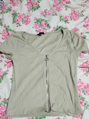 Ambiance Short-Sleeve Zip Front Top in Sage Green